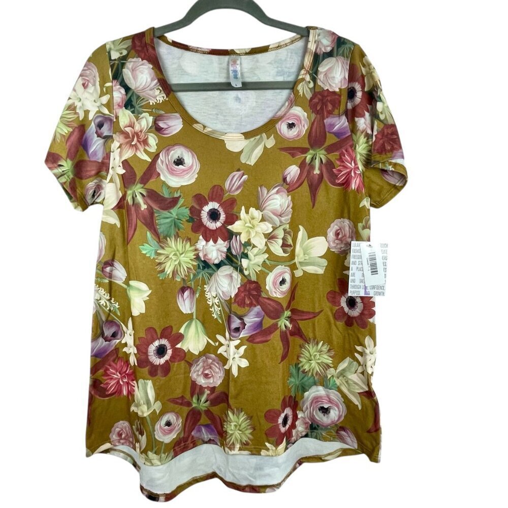 NWT LuLaRoe Classic T Floral Print Short Sleeve Top Mustard Yellow L - Picture 13 of 13